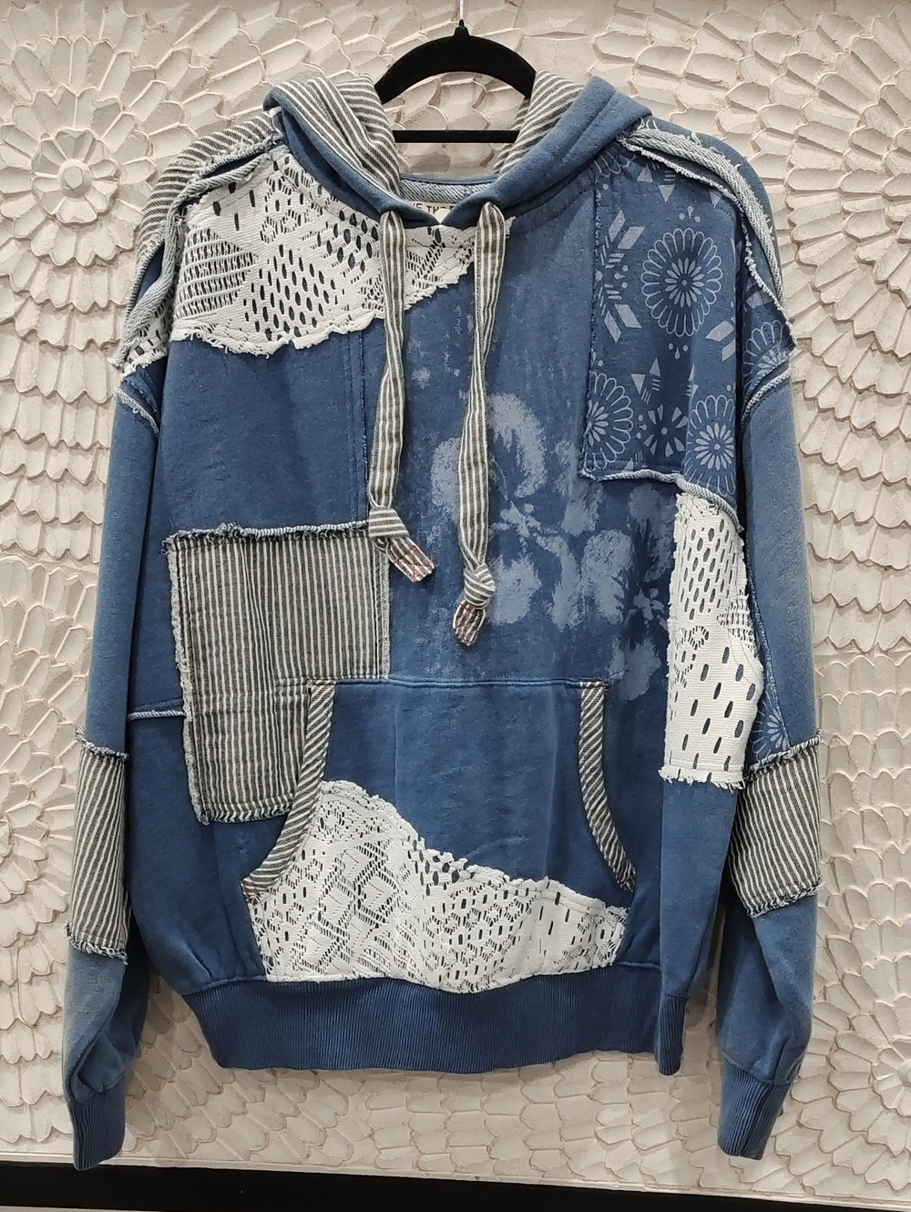 Free People Tattered Romance Hoodie Blue Patchwork Mix Pullover Hoodie - Picture 3 of 9